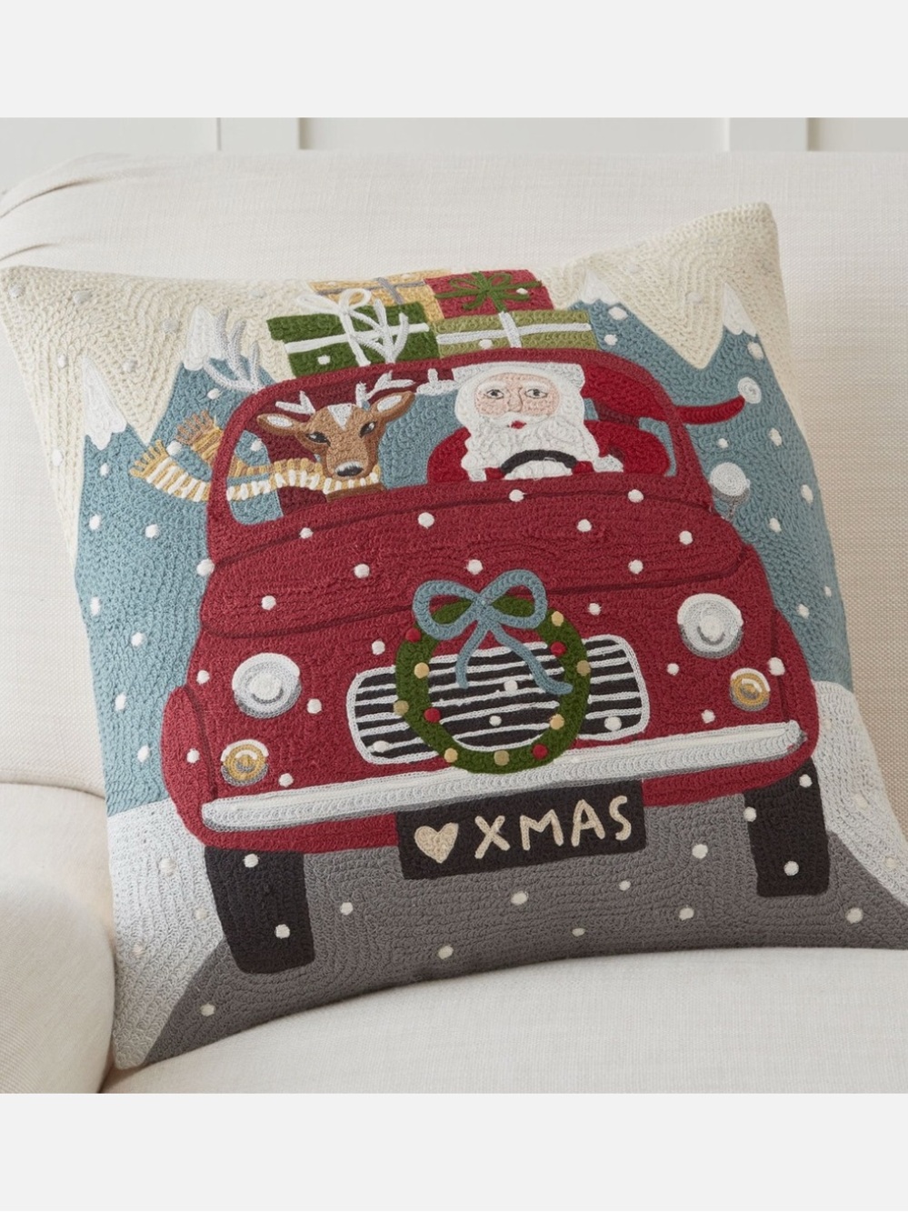 Pottery Barn Red Santa & Reindeer Car Holiday Pillow